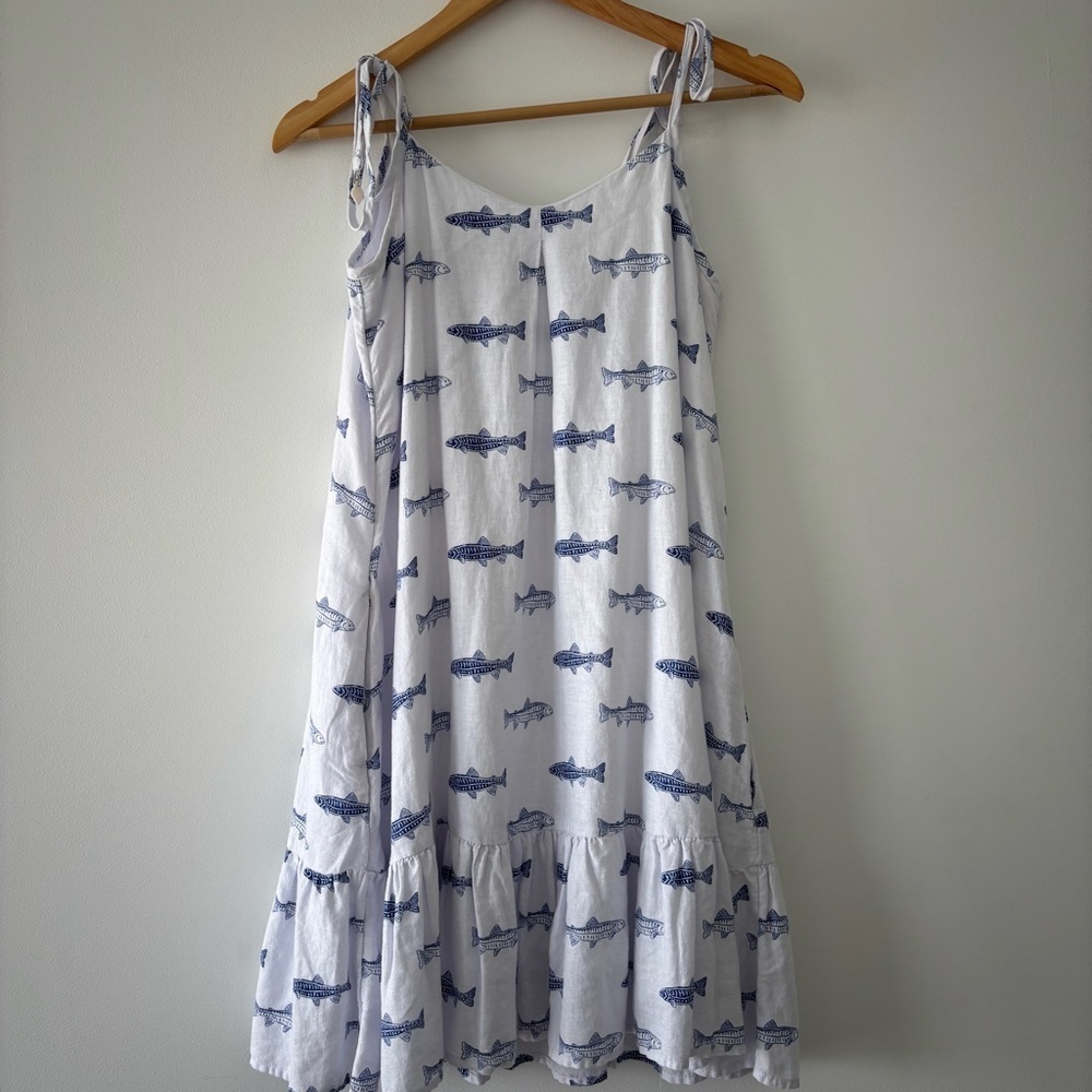 NWOT Cynthia Rowley Linen Blend Tie Strap Blue Fish  Print Flounce Dress XS - Picture 7 of 9